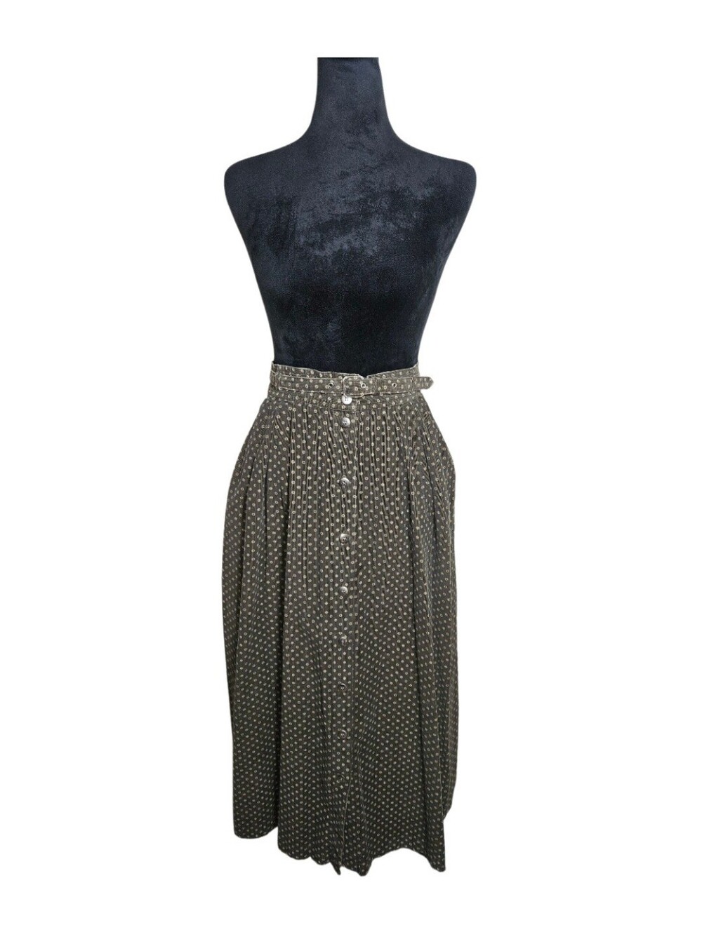 Vintage High-Waist Olive Green Calico Corduroy Button-Front Midi Skirt Size XS
